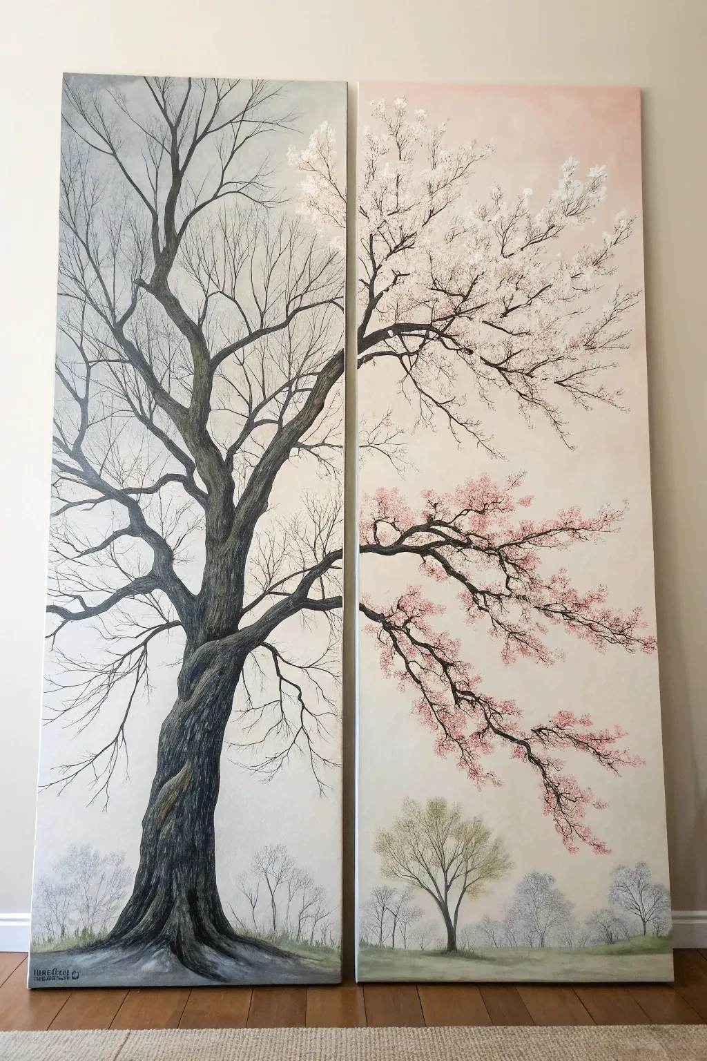 Seasonal contrast diptych: one tree bridging winter branches and spring blossoms in calm neutrals
