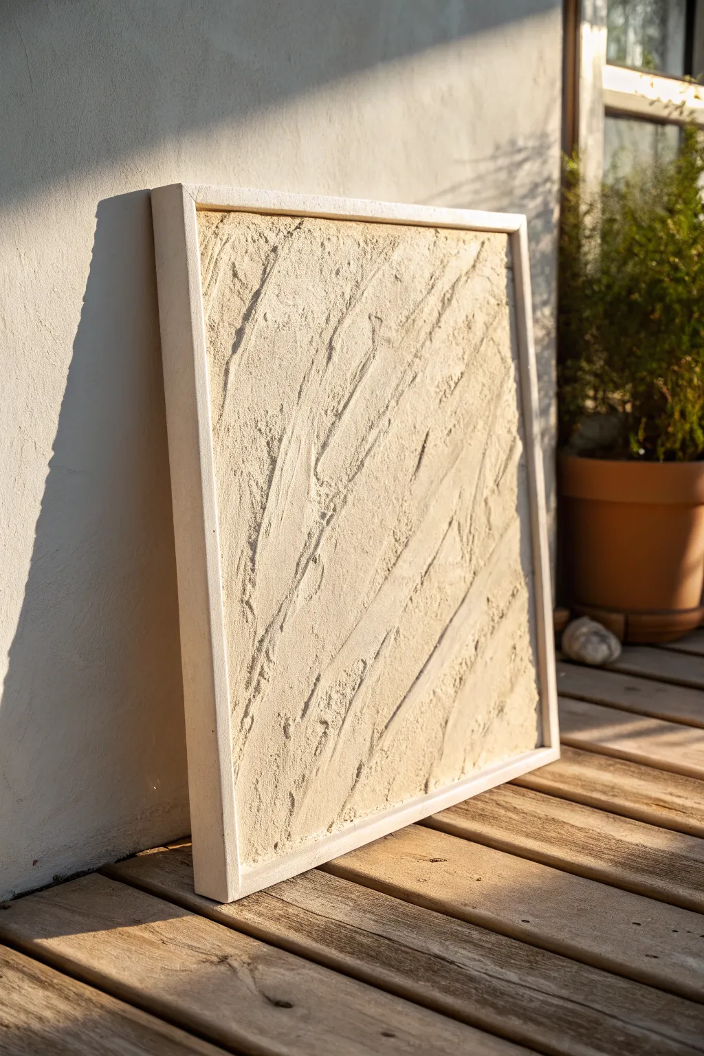 Warm sunlight highlights sand-textured plaster strokes for simple, modern DIY abstract art.