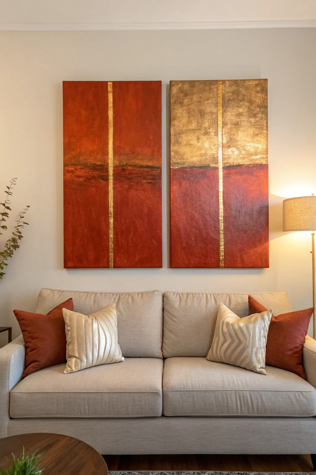 Metallic accent split canvas diptych above a linen sofa in warm minimalist boho lighting