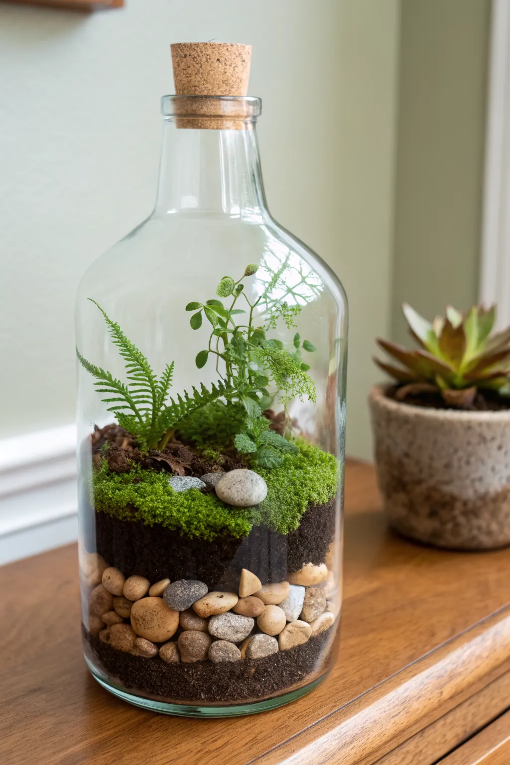 Mini terrarium bottle planter with moss, fern, and layered pebbles for cozy DIY charm