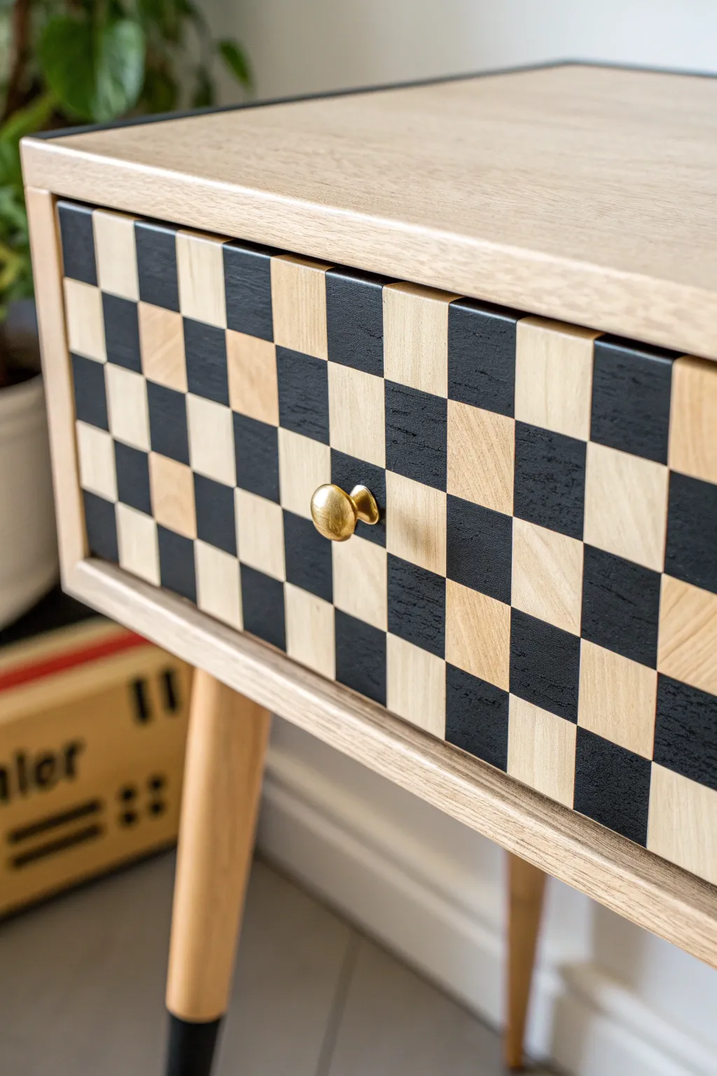Crisp checkerboard drawer detail brings modern Scandinavian style to a DIY painted desk.