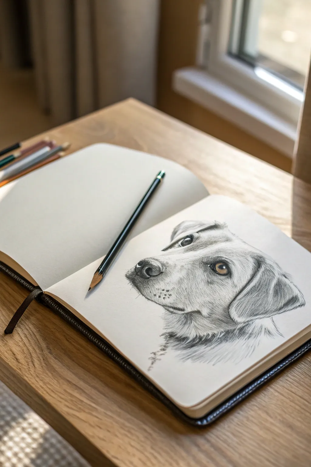Minimalist sketchbook idea: cute dog peeking over the edge, shiny eyes, squishy paws
