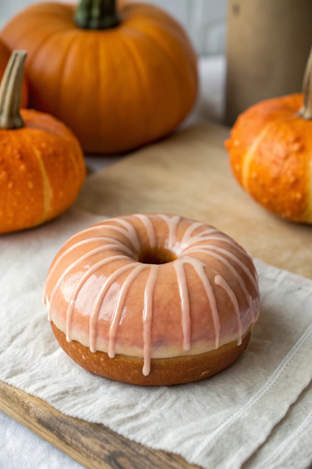Ombre-glazed donut pumpkin close-up with silky fades and crisp drips, minimalist boho vibe