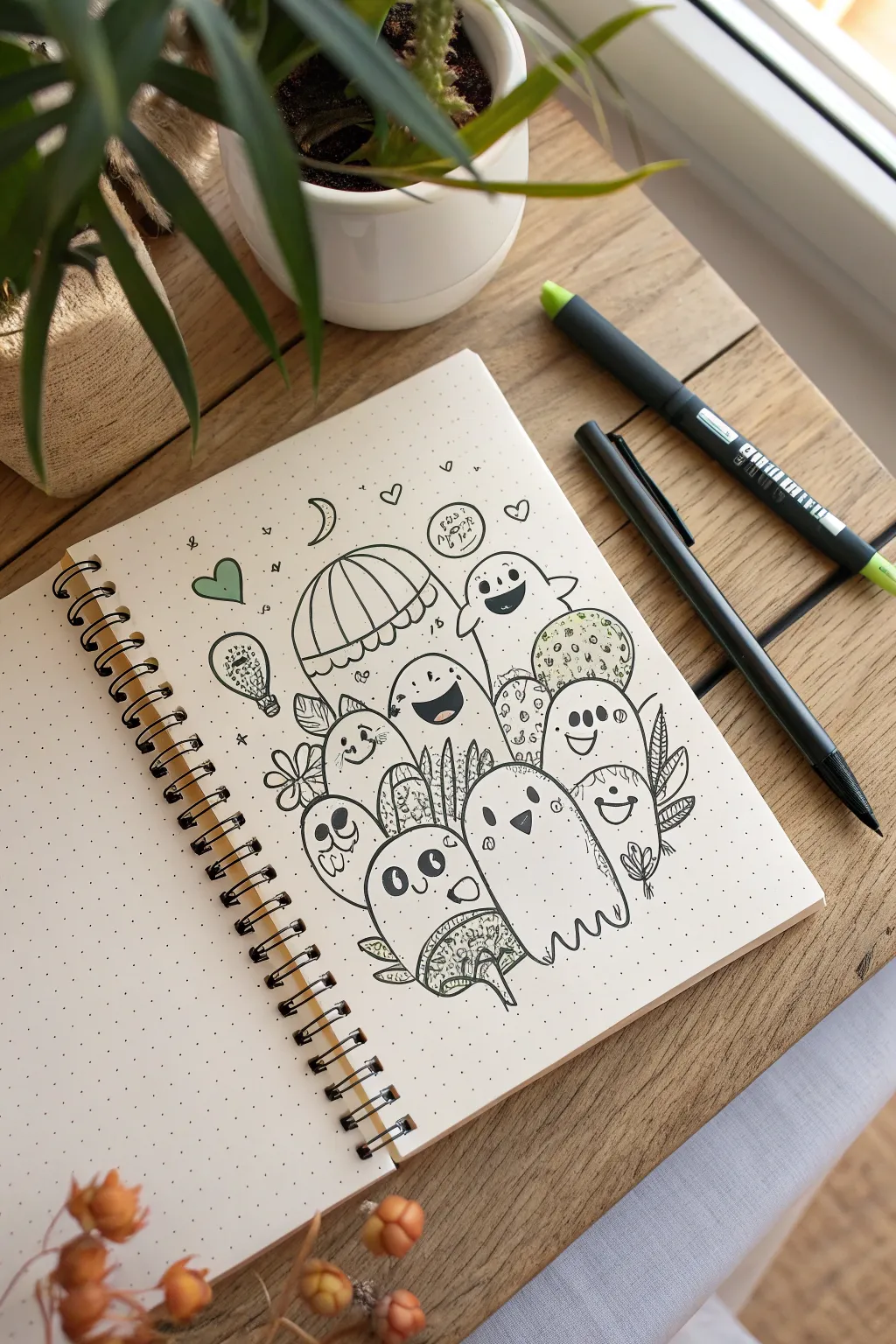 Doodle bomb of friendly ghosts and tiny monsters, crisp ink lines with soft boho pastels