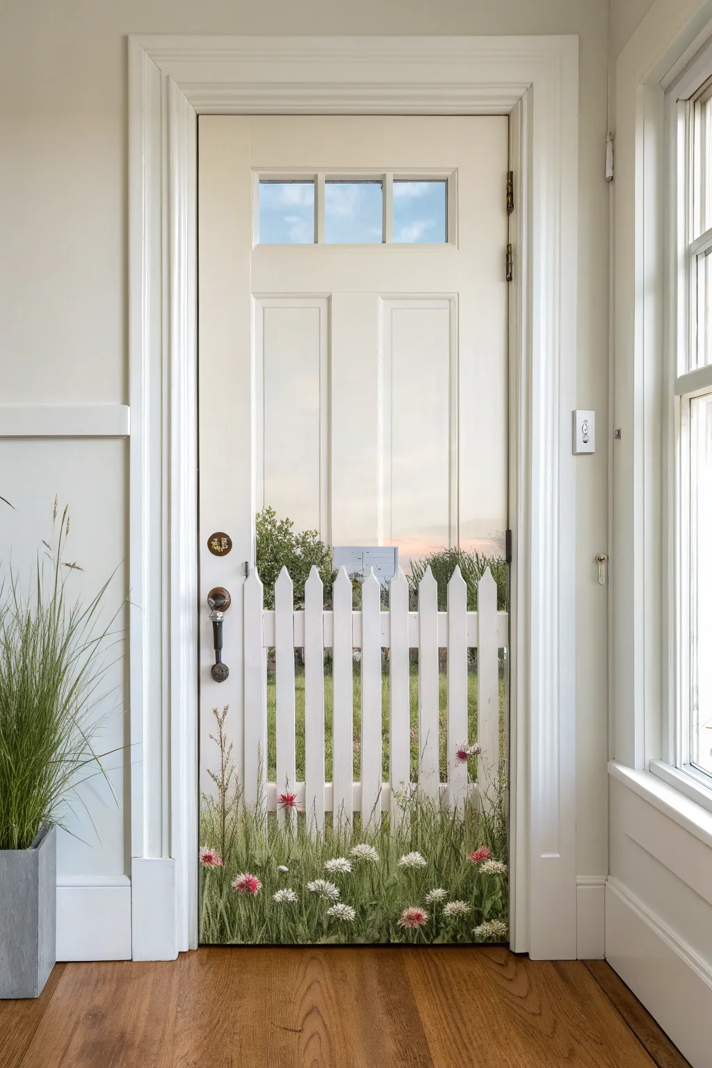 Playful trompe loeil picket fence door border with grounded shadows and soft boho wildflowers