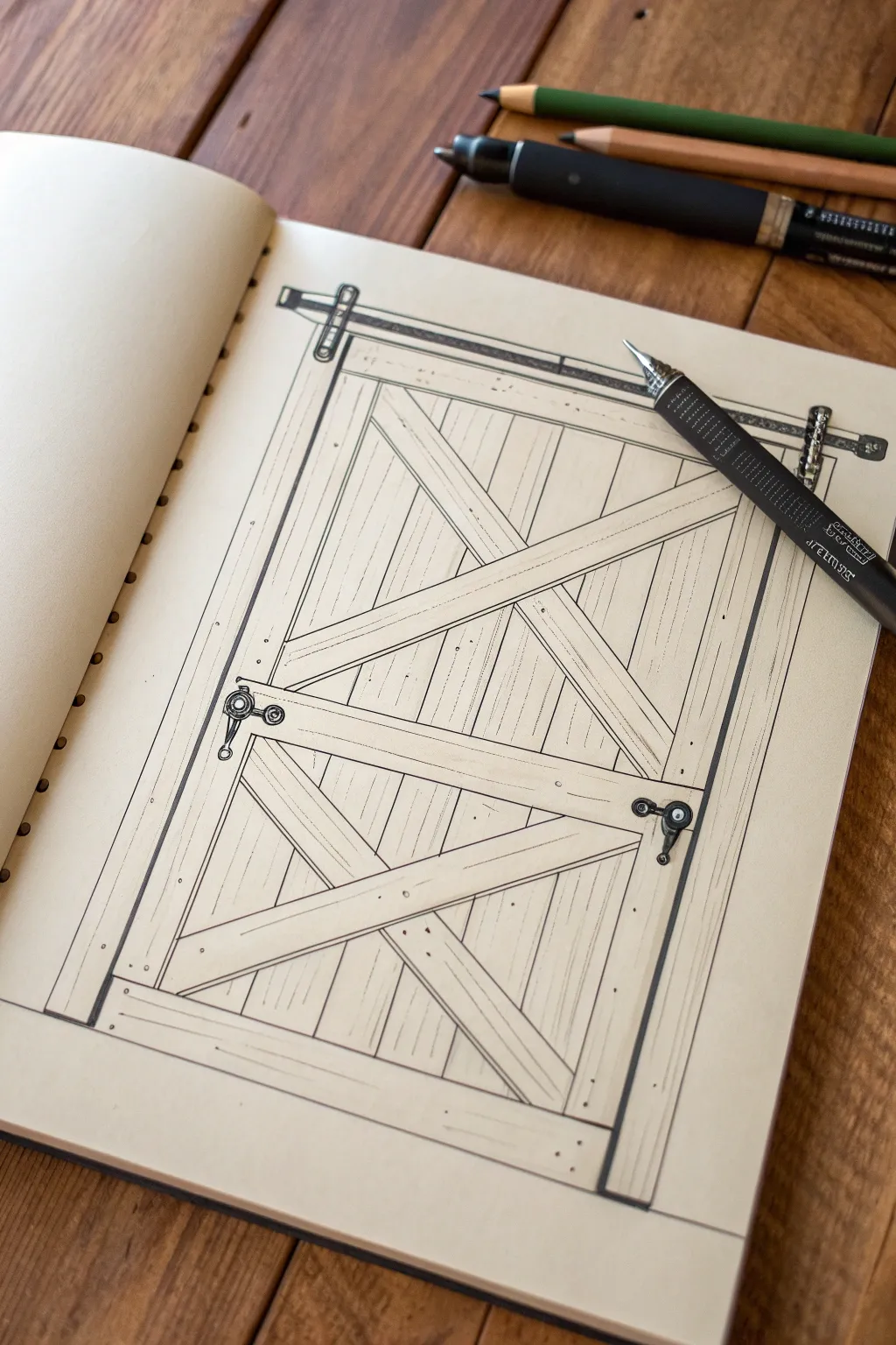 Sliding barn door track drawing idea: clean linework, visible rollers and bolts, calm minimal style