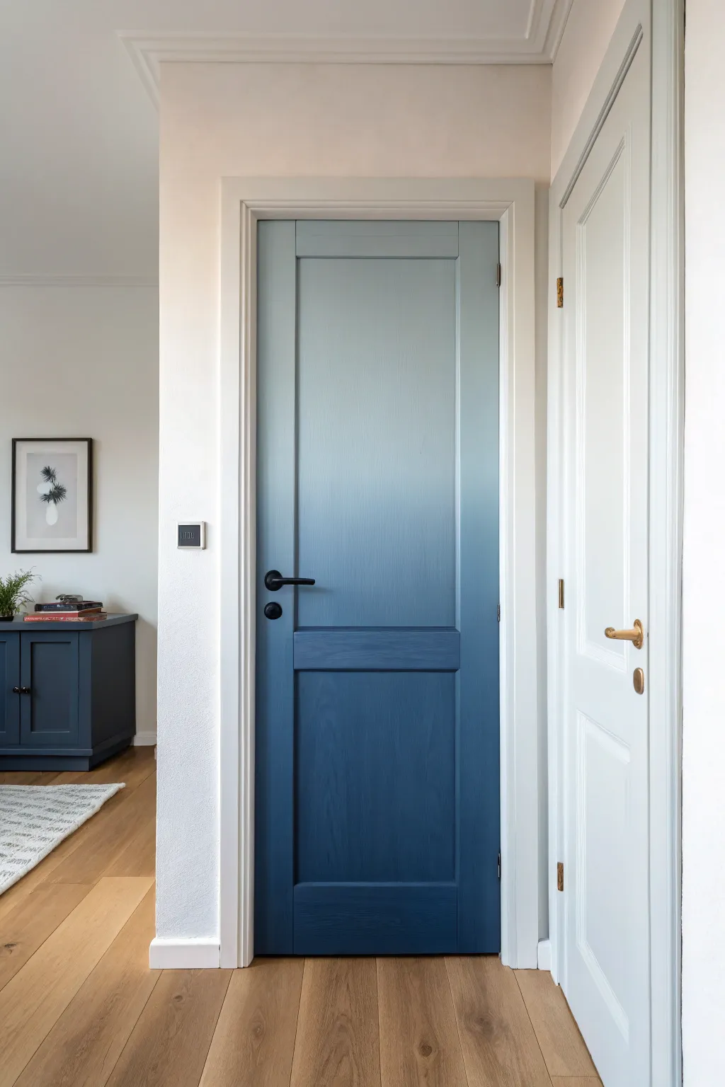 Sky-wash ombre door: deep dusk at the base fading to airy blue for a calm, modern glow