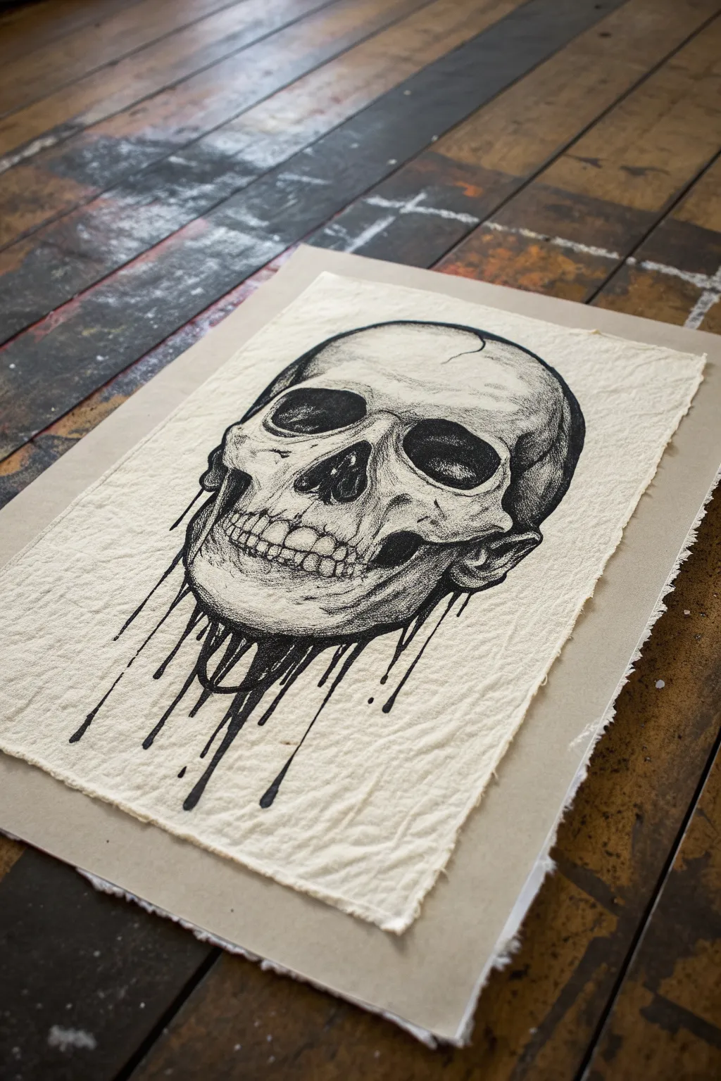 Trippy melting face sketch with glossy drips and deep shadows, minimalist Scandinavian vibe