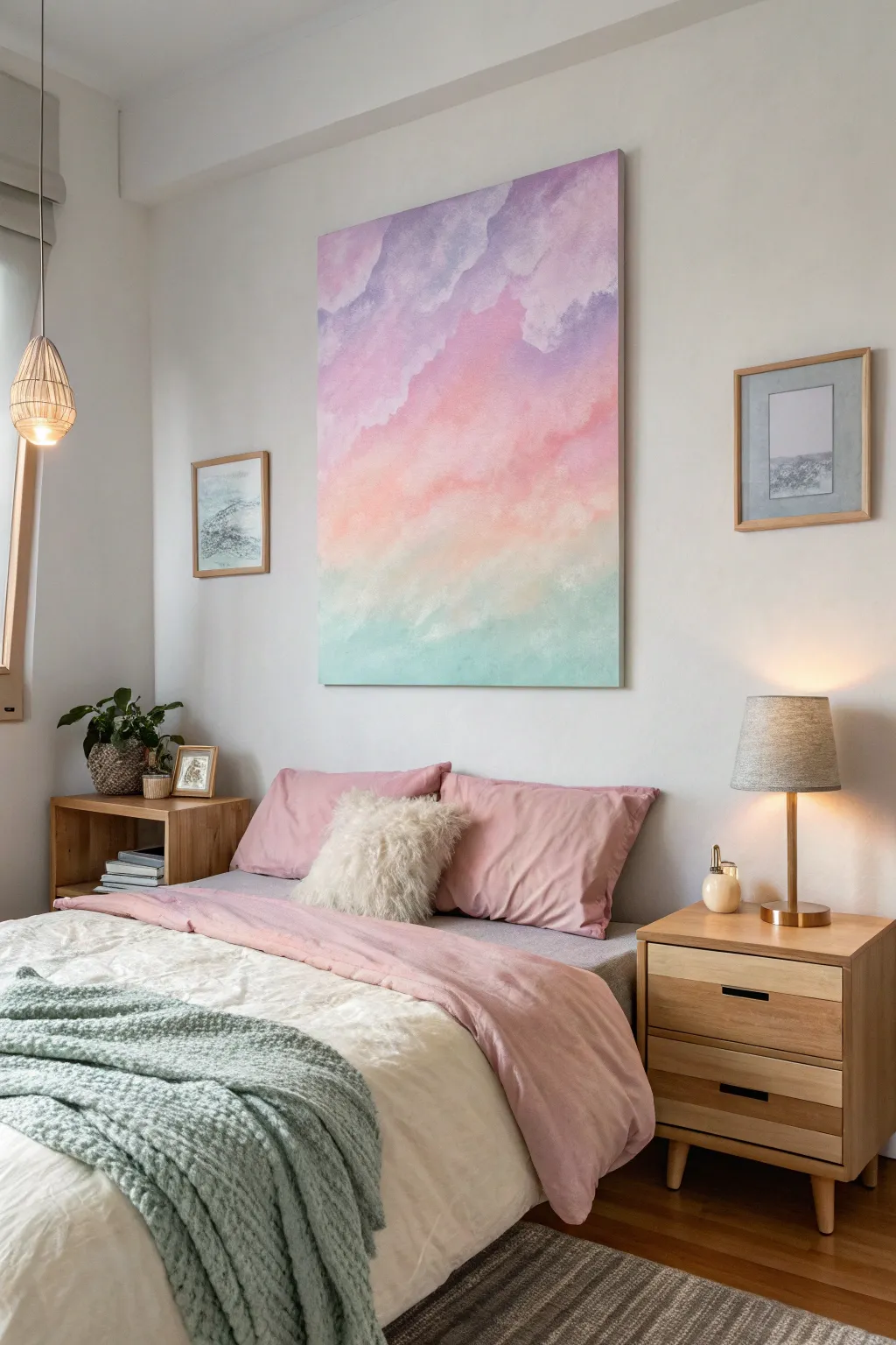 Cozy dorm wall art: a soft aura gradient canvas glowing in warm night light, minimalist boho vibe.