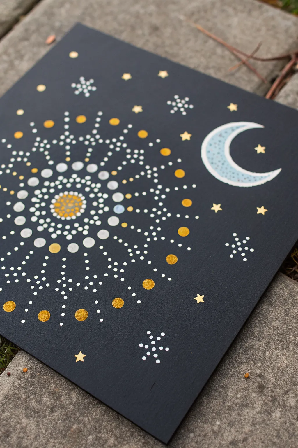 Simple night sky dot art for kids, with constellations and a glowing moon on black paper.