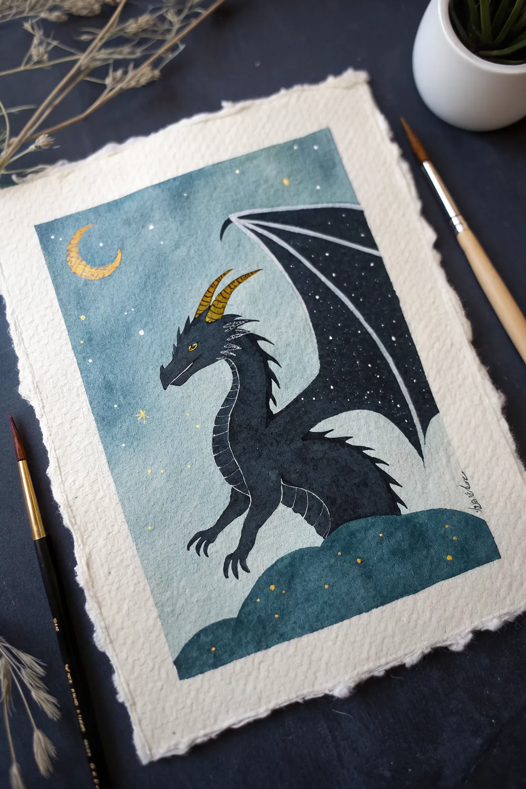 Easy dark dragon silhouette with glowing wing and horn edges for instant night-sky drama