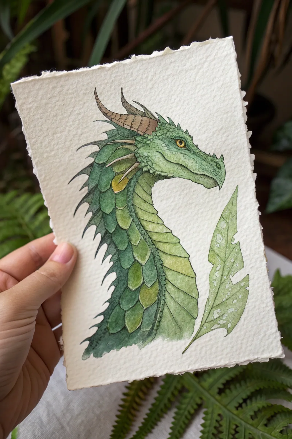 Botanical dragon painting with leafy frills and vine spines in lush, modern green tones.