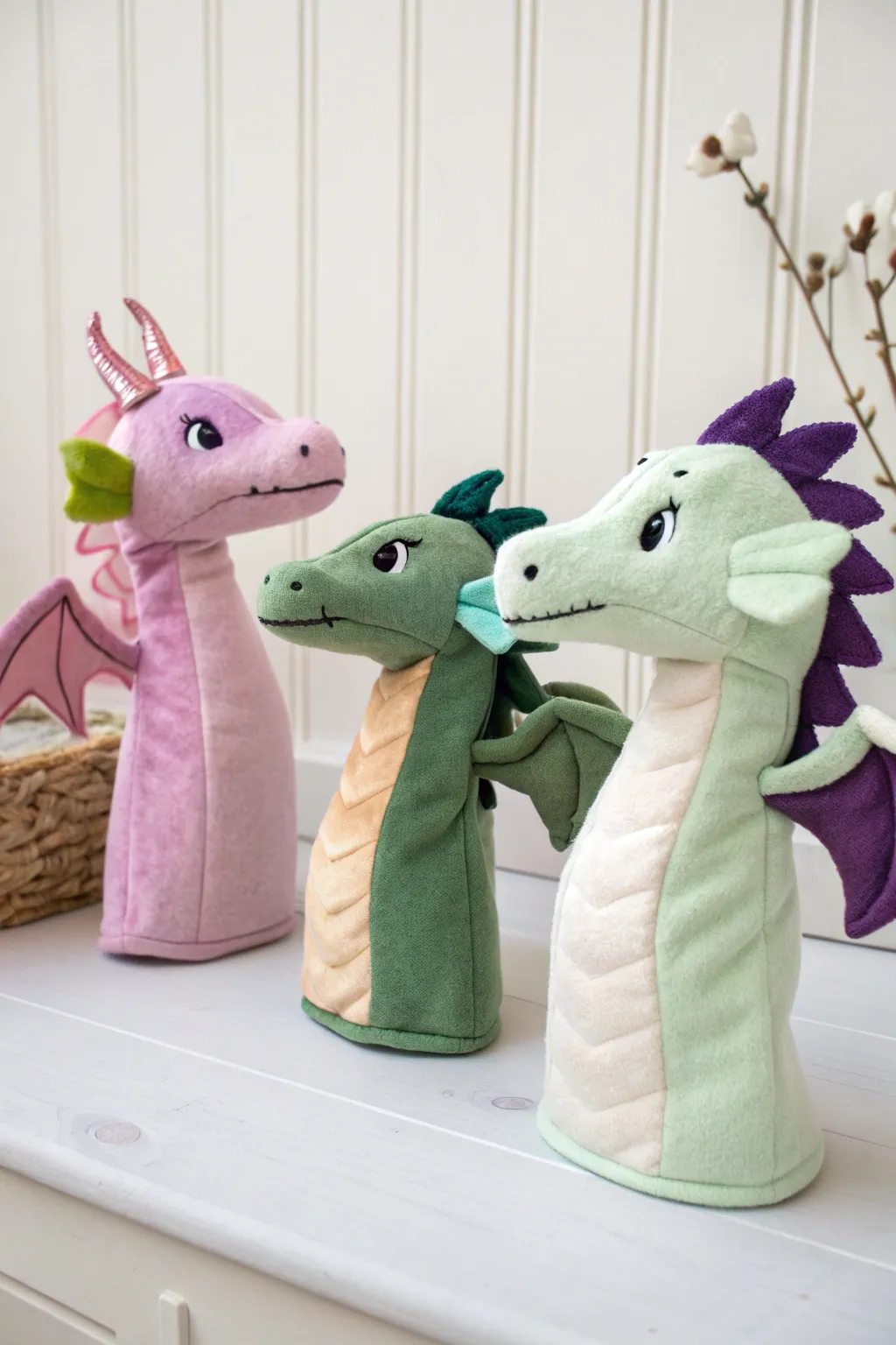 Compare pastel, jewel, and bold palettes on the same dragon puppet shape for easy inspiration