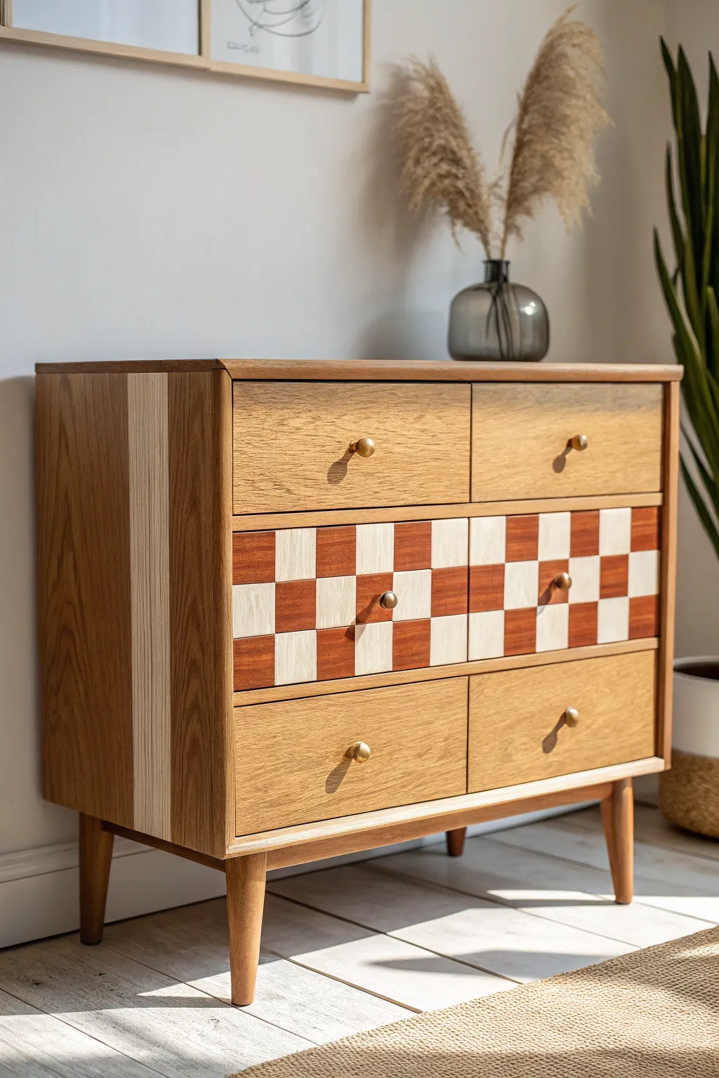 Crisp terracotta and ivory checkerboard drawer front for a modern boho dresser refresh