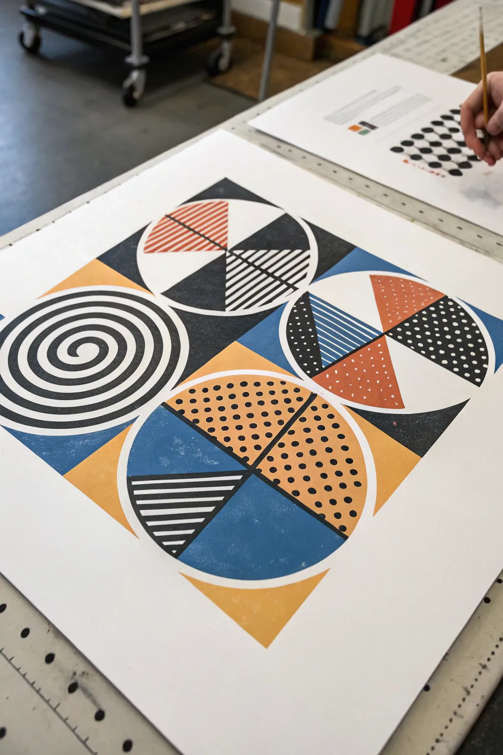 Geometric shapes filled with bold stripes, dots, and checks for modern coloring practice