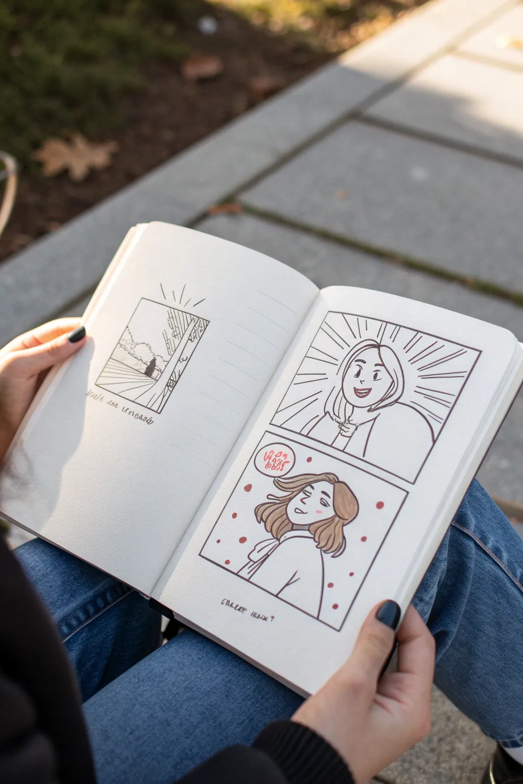 Three-panel character reaction sketch: calm, startled, determined in minimalist boho style