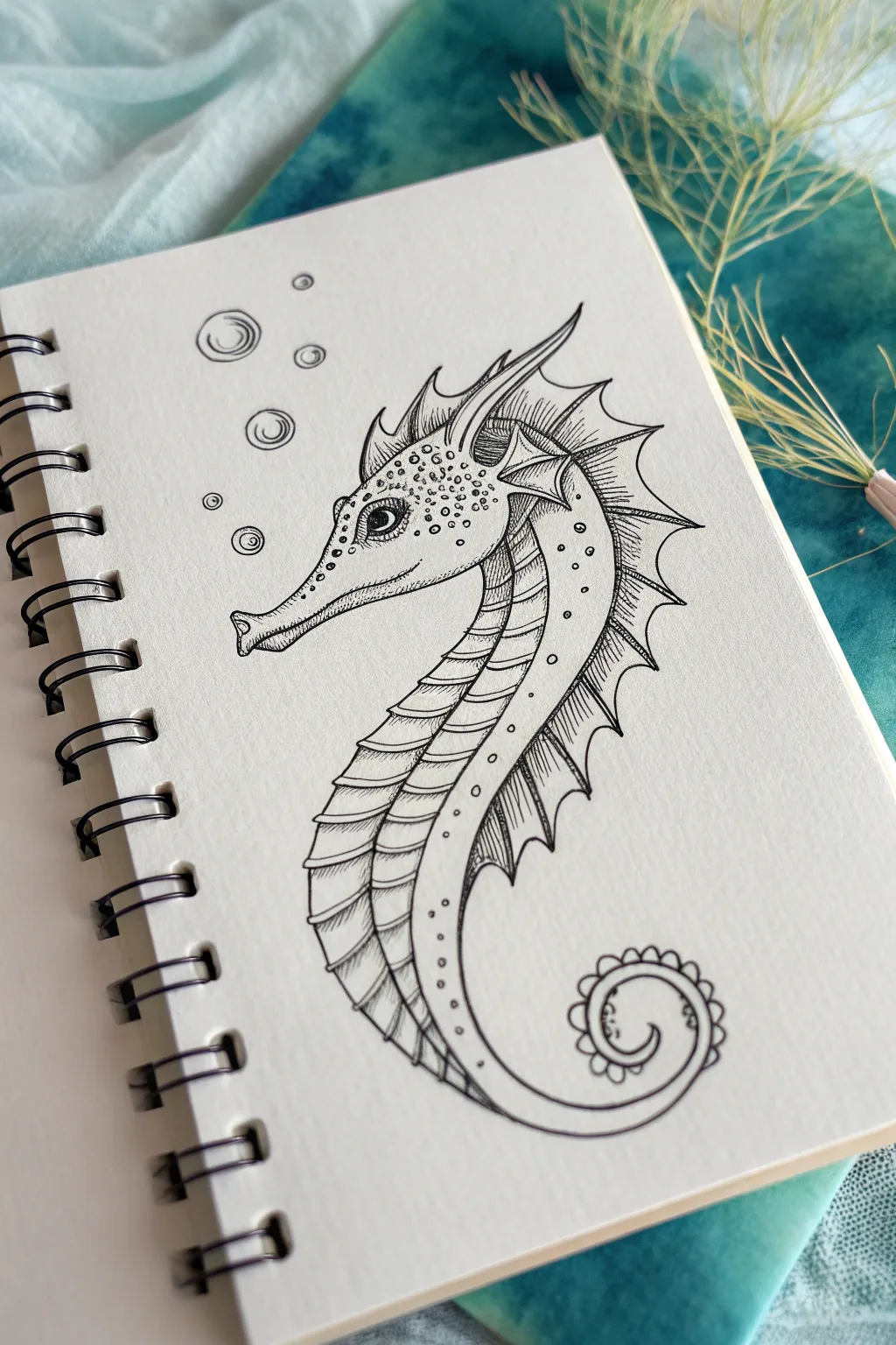 Sea dragon head drawing idea: crisp ink lines, boho fins and whiskers, soft ocean wash