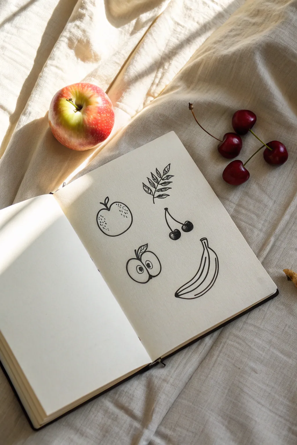 Easy fruit trio doodles in clean black ink: apple, banana, and cherries on warm paper.