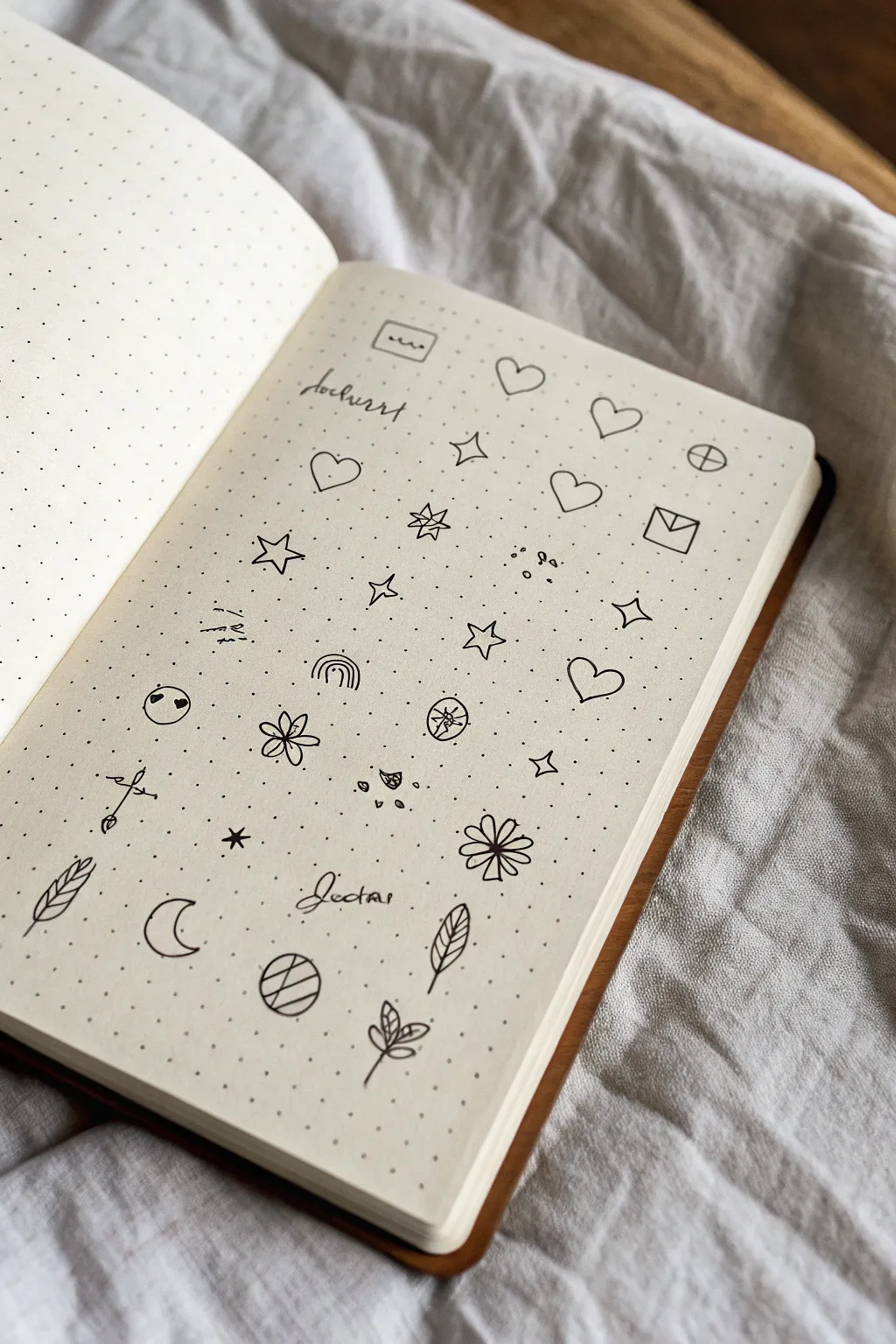 A full page of tiny sketchbook icons, crisp minimalist doodles with soft Scandinavian boho charm