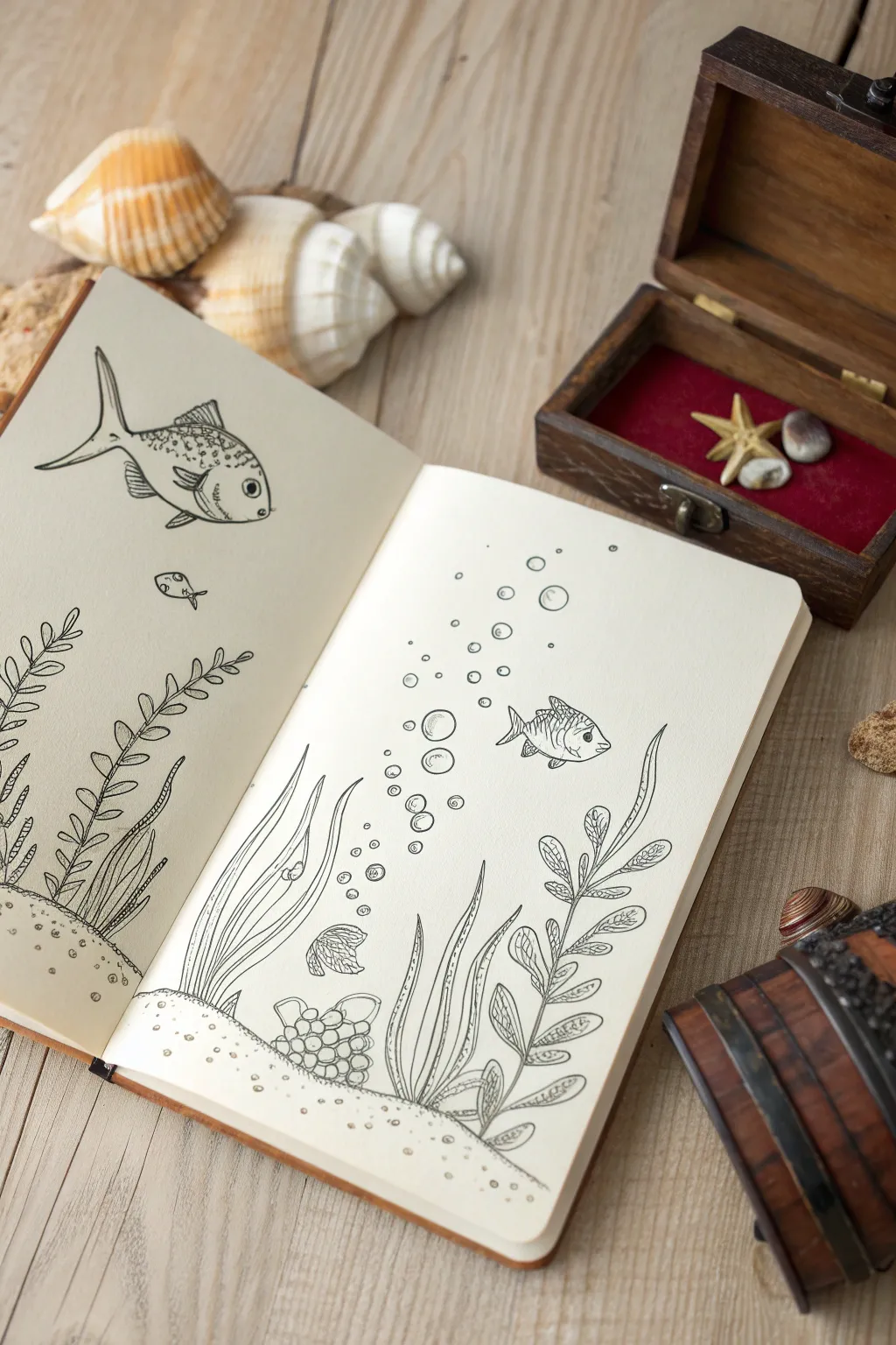 Easy underwater doodle: overlapping fish, bubbles and seaweed in a clean minimalist sketchbook.