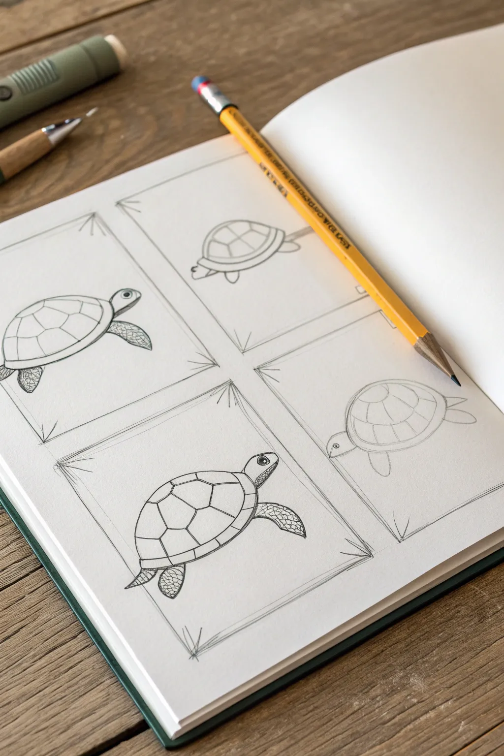 Beginner turtle sketch steps with ovals, stubby legs, and simple shell sections.