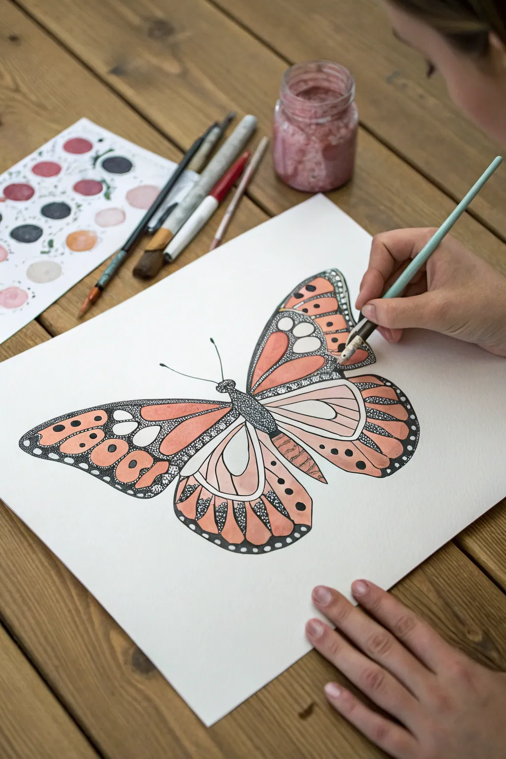 Bold butterfly symmetry pattern with clean mirrored shapes and a soft boho Scandinavian palette