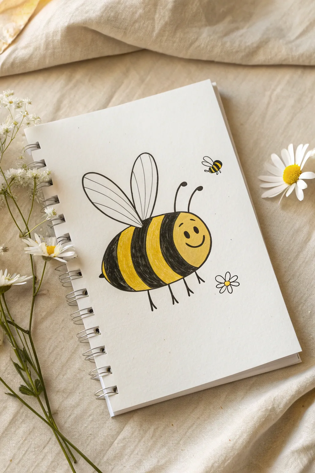 Sweet bumblebee with bold stripes and simple wings, an easy drawing idea kids can recreate