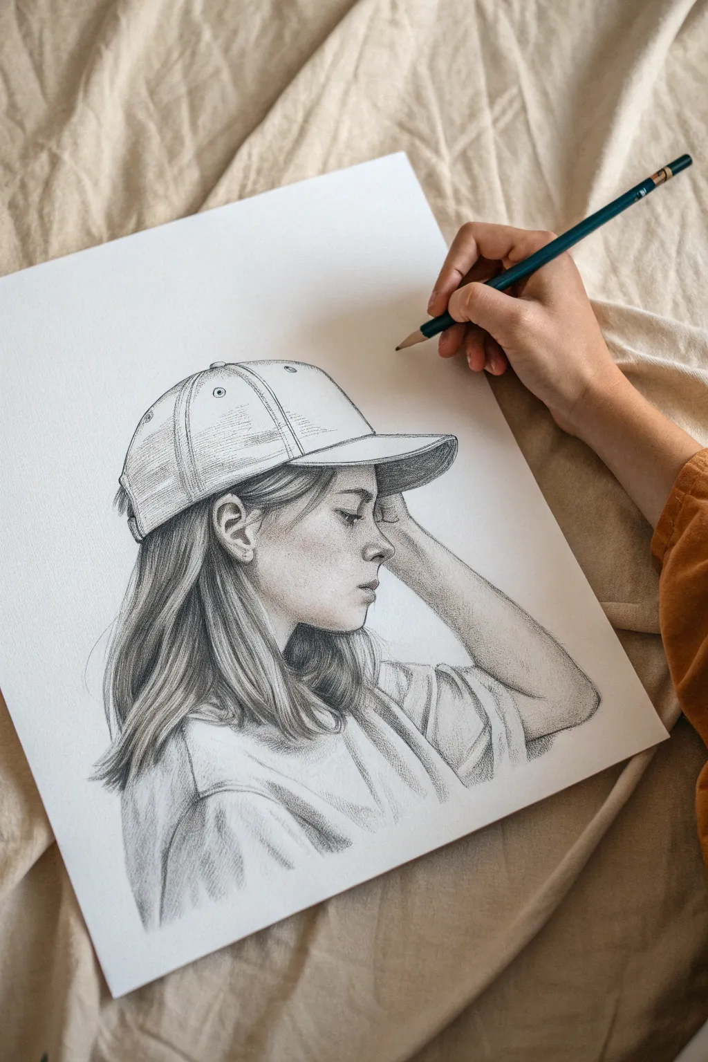 Minimal graphite sketch: girl in a cap adjusting the brim, perfect for easy portrait drawing practice.