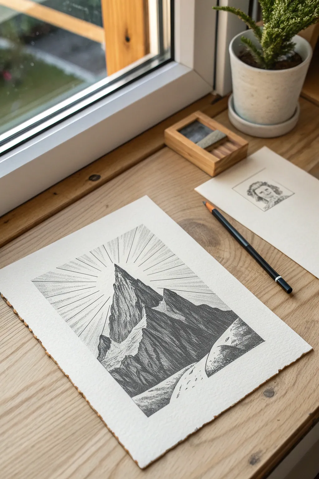 Capture the dramatic beauty of a sunrise with this high-contrast mountain sketch idea.