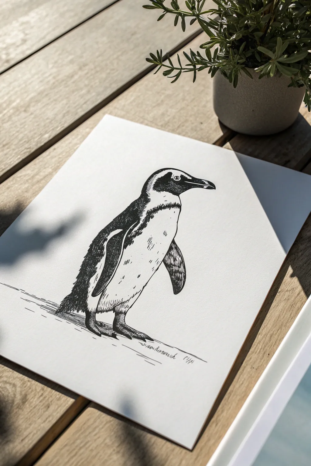 Simple penguin sketch with a soft oval shadow to instantly add depth, clean and cozy.