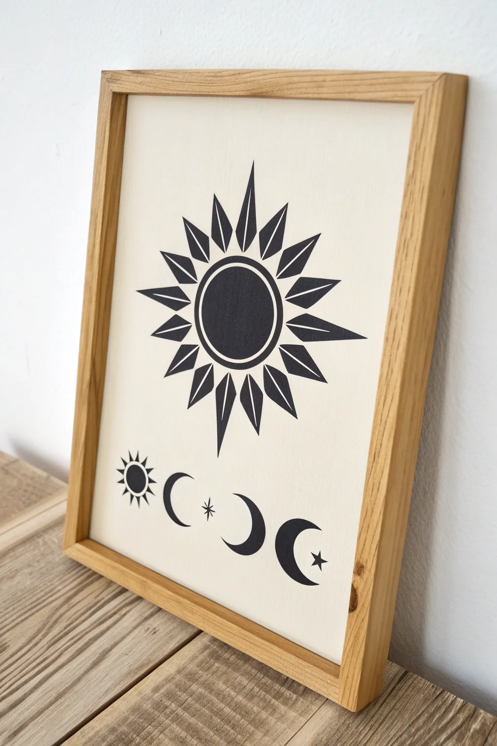 Geometric sun and moon wall art with three repeatable variations, clean lines and bold contrast