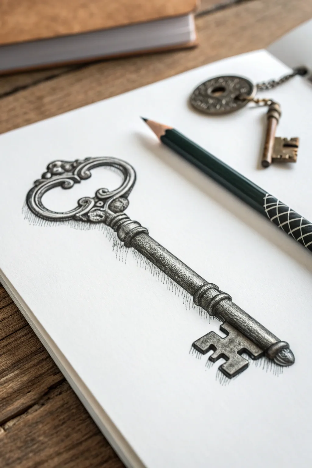 High-contrast pencil study of an antique key with a simple keyhole, perfect for shading practice.