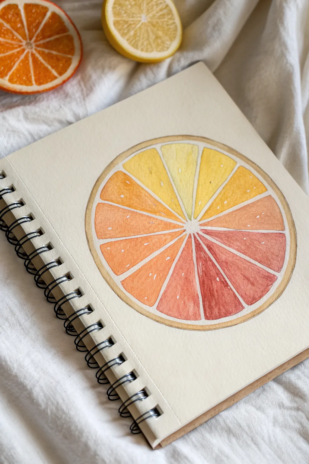 Easy citrus segment circle: clean line wedges with bright watercolor fills and tiny highlight dots.