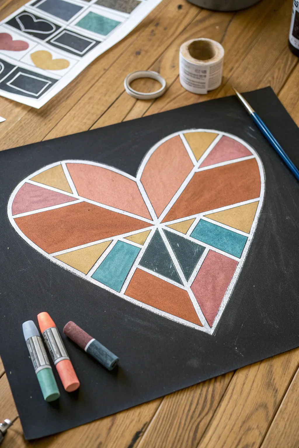 Stained glass heart chalk art in progress with crisp tape lines and bold color blocks
