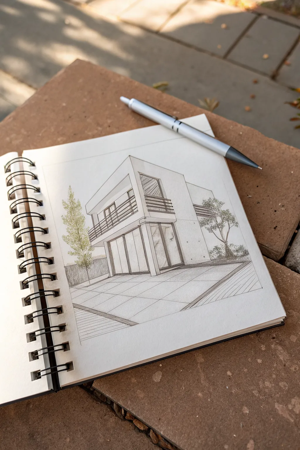 Architectural concept sketch: loose pencil, bold marker shadows, and a soft wash accent
