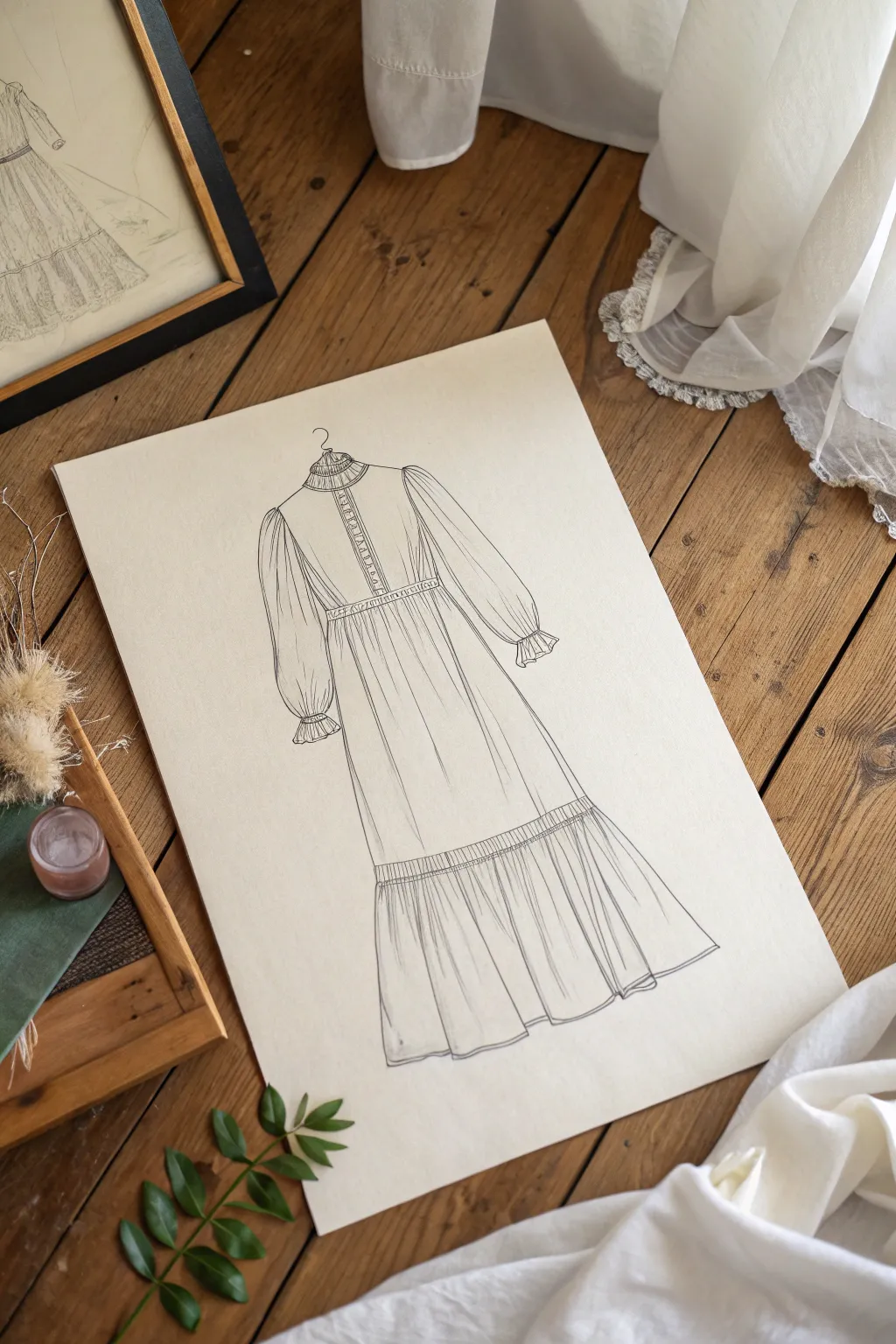 Minimal dress sketch with airy sheer sleeves and gathered cuffs, perfect for elegant outfit ideas