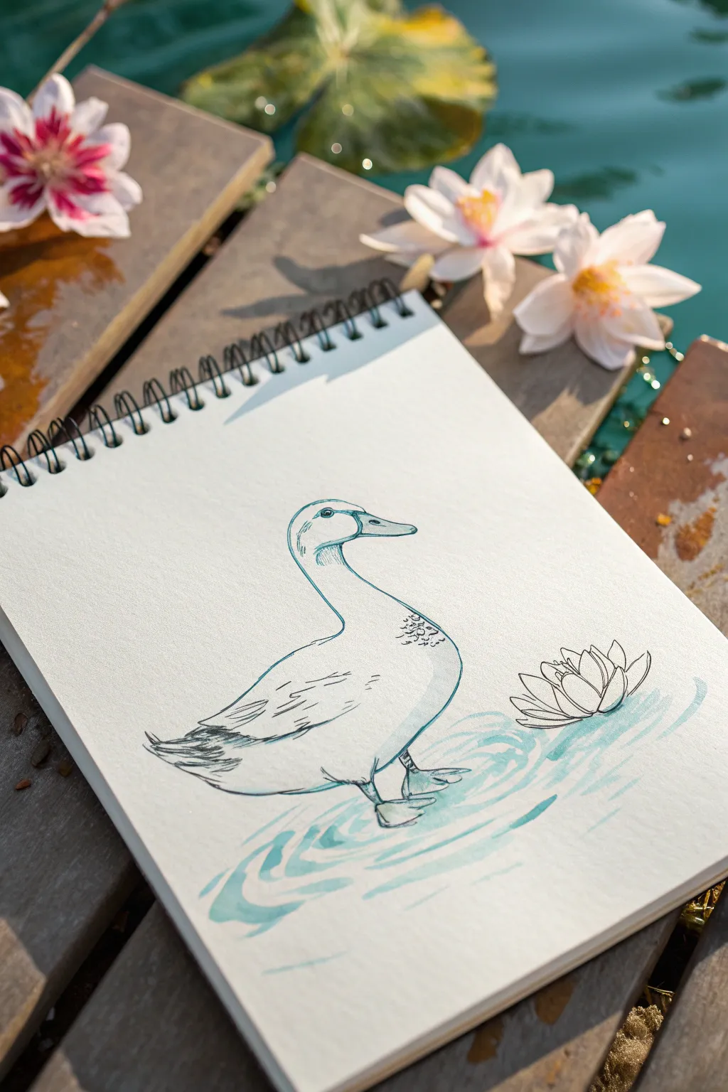 Ink outline duck with a loose watercolor wash—minimal, boho, and easy for sketchbook practice