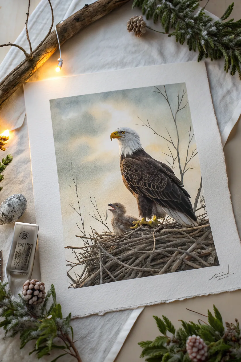 Nest scene painting: bald eagle with fluffy eaglets, twig textures, soft spring light, Nordic calm.