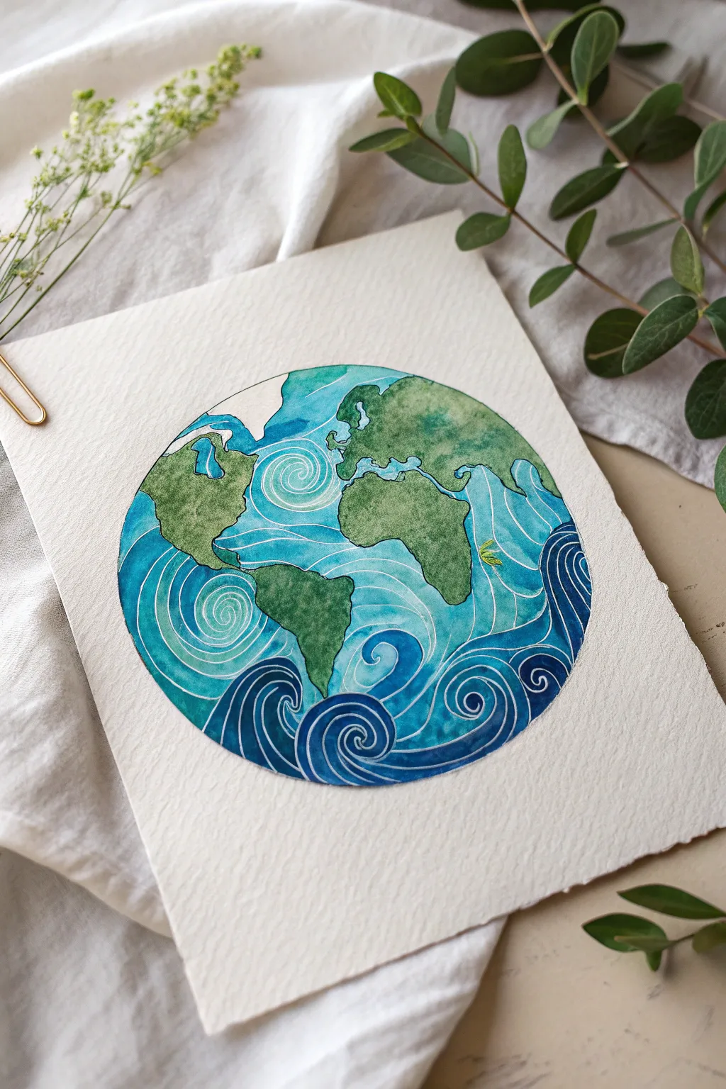Swirling ocean currents bring Earth to life with calming blues and simple green land shapes.
