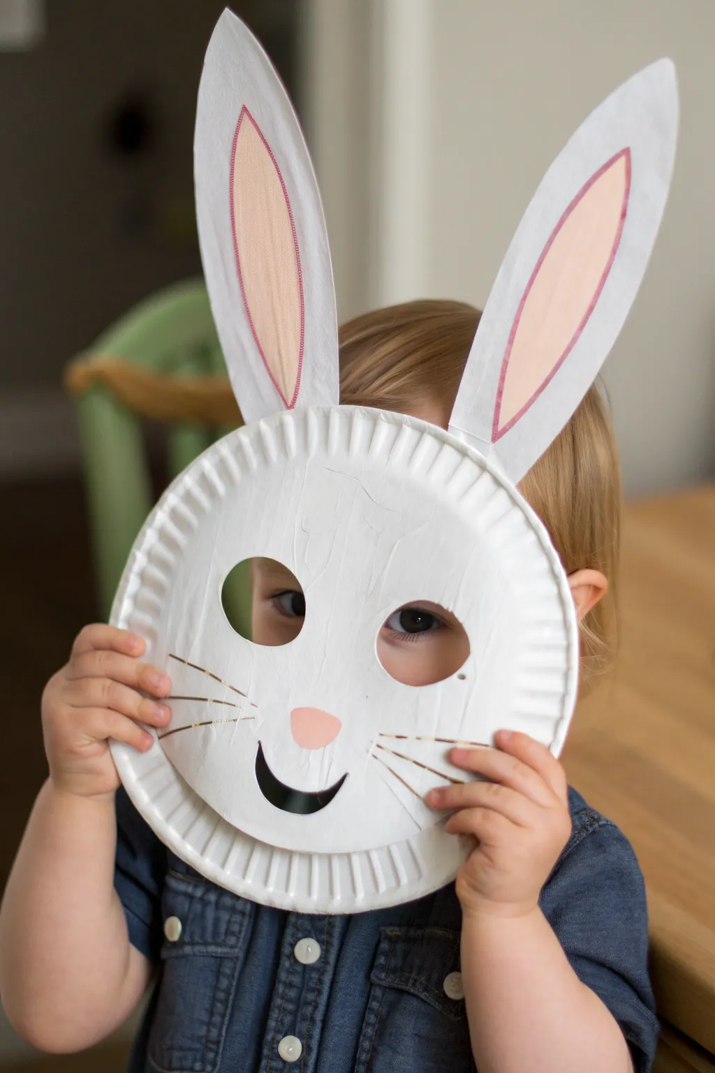 Toddler peekaboo with a handmade paper-plate bunny mask, simple and sweet Easter craft.