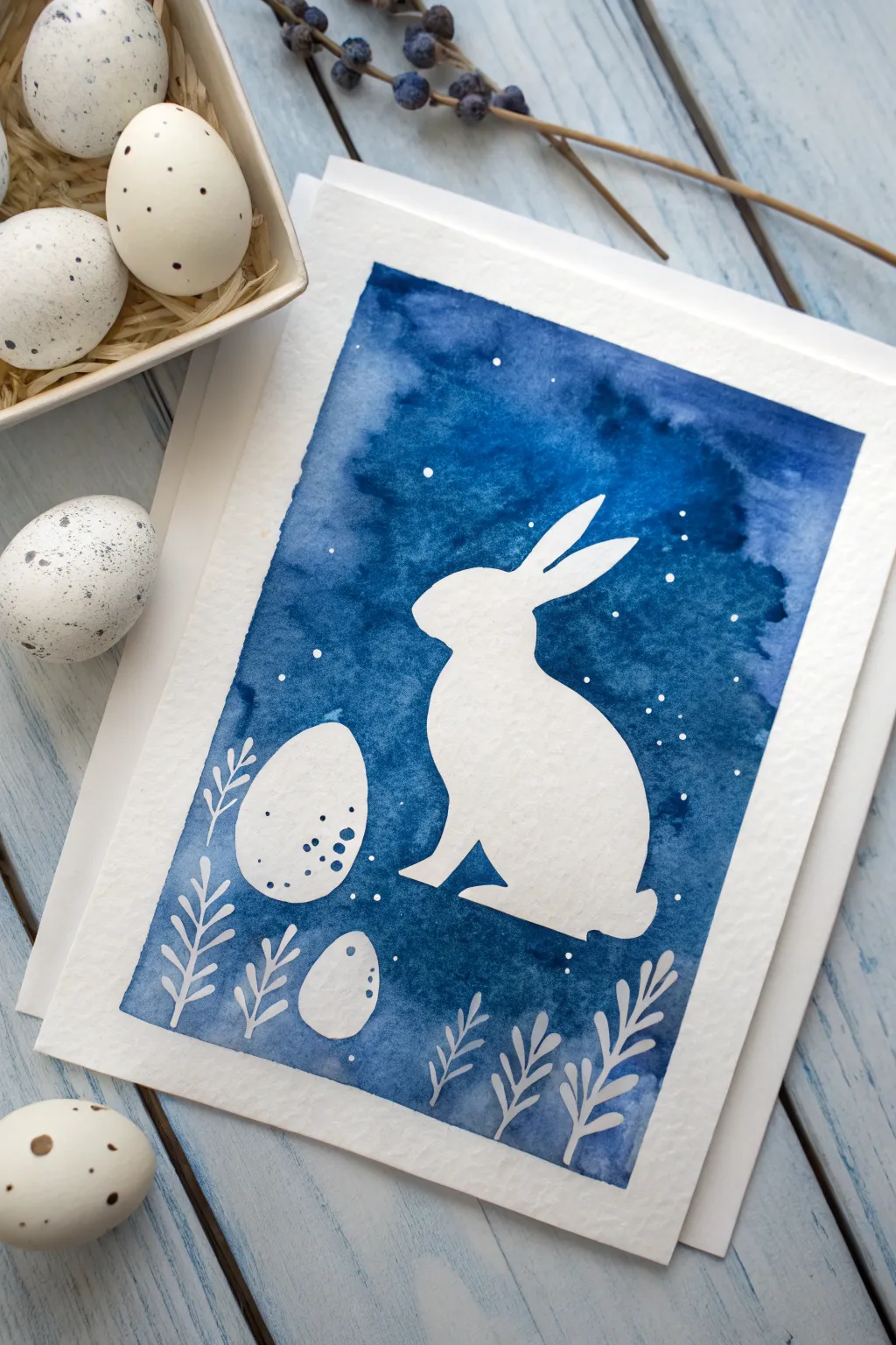 Minimal negative-space bunny with crisp masked eggs on a bold watercolor wash, clean and modern.