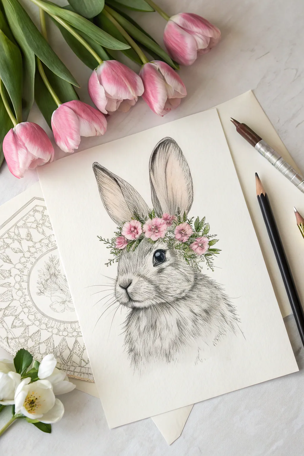 Create a touch of spring magic with this adorable bunny and floral crown sketch.