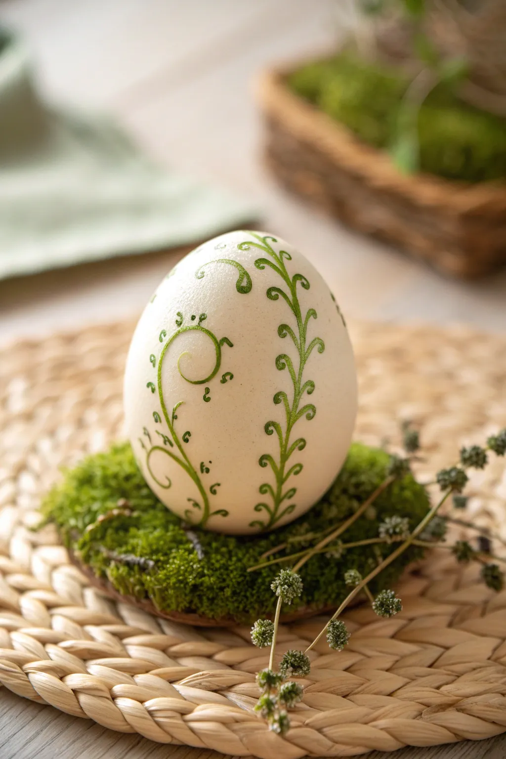 Botanical vine wraps turn a single cream egg into a fresh, minimalist Easter centerpiece.