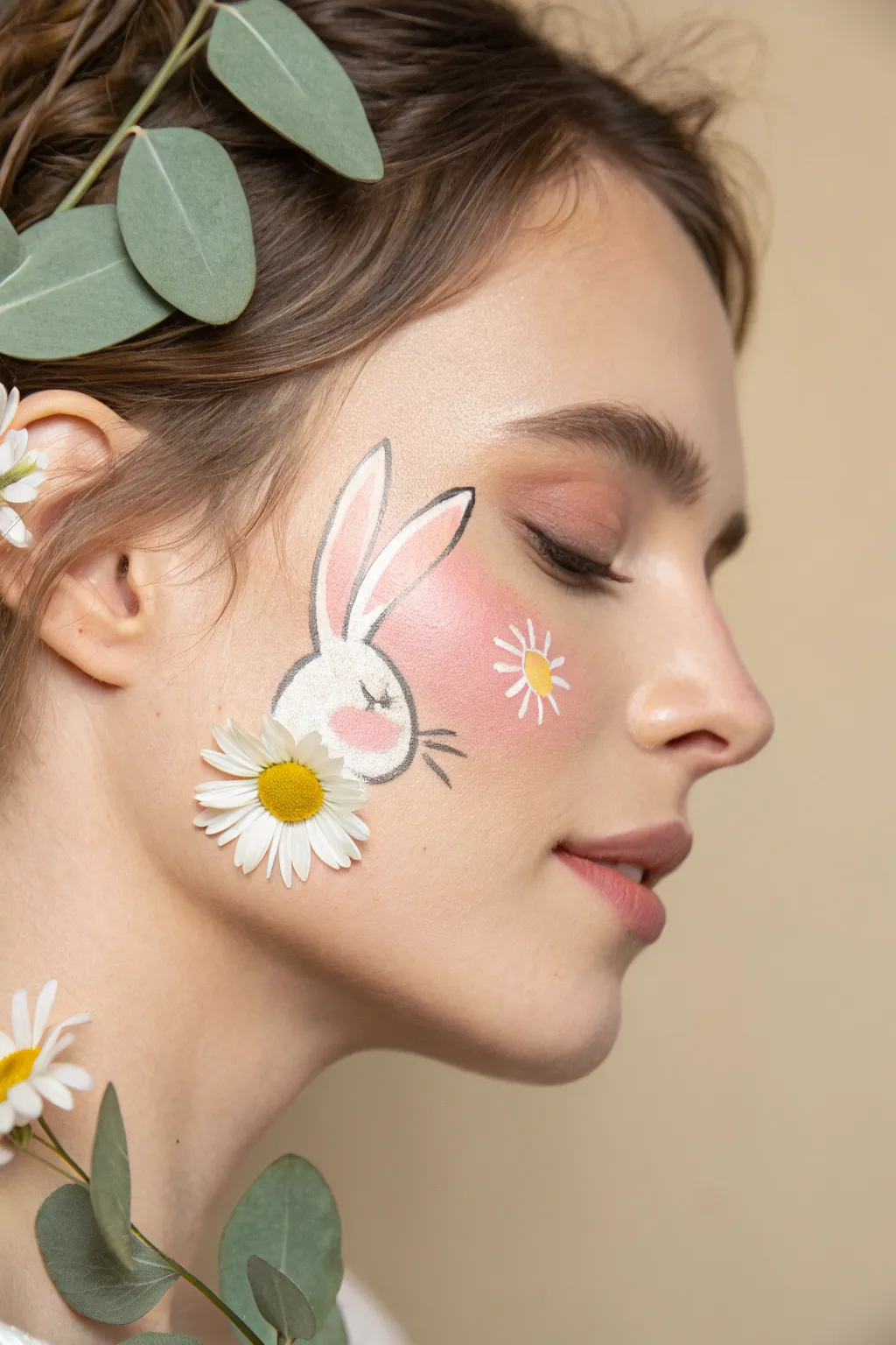 Minimal one-stroke bunny and daisy cheek art in soft spring hues for a quick Easter look.