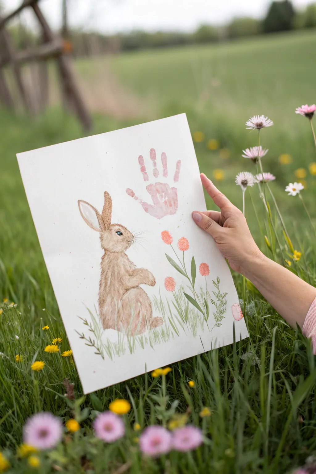 Handprint bunny painting in a soft flower meadow, simple spring craft with calm boho vibes