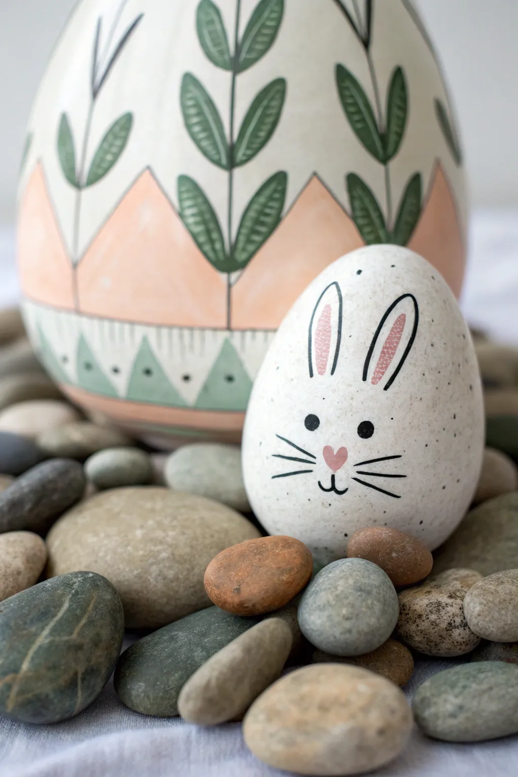 Peekaboo bunny rock: simple egg-and-bunny painting in soft boho pastels with crisp outlines.