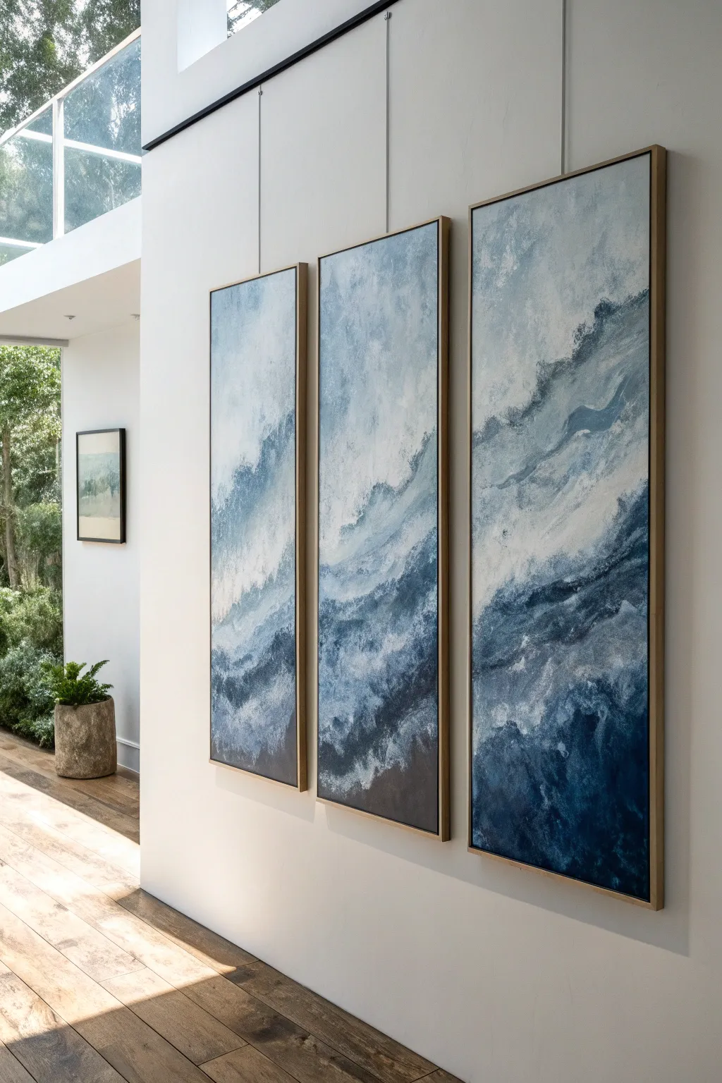 Simple rainy day drip triptych in soft blue grays, minimalist and beginner friendly