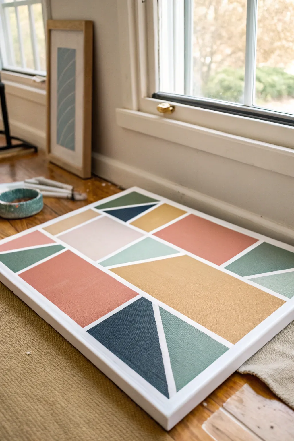 Crisp tape-resist geometric blocks in bright acrylics for a kid-friendly wow moment