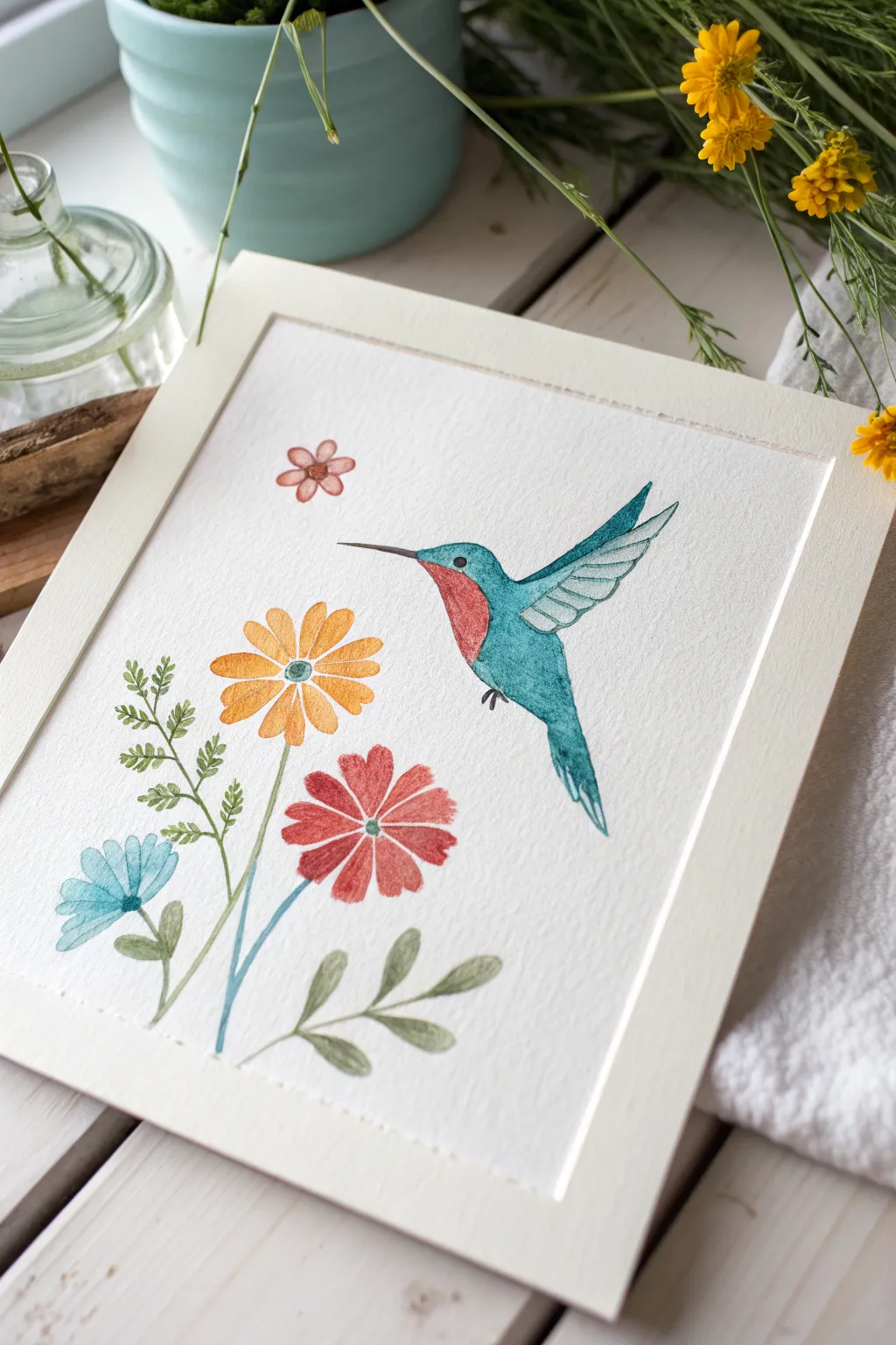 Paint a simple teardrop hummingbird hovering by one bold flower in bright, clean colors.