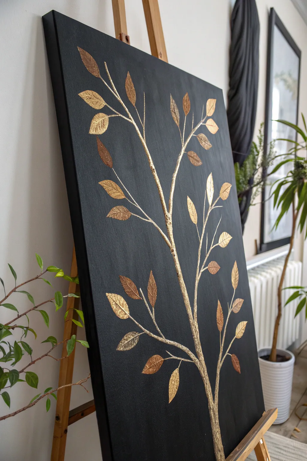 Minimal branch on black with metallic leaves, a simple elegant canvas idea with high contrast